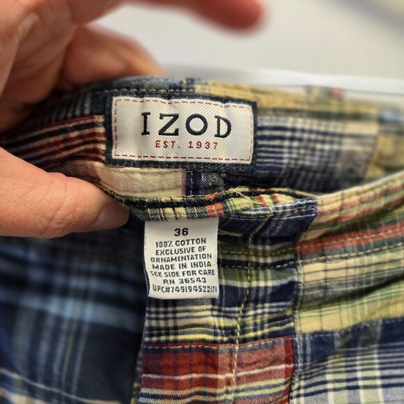 2000s Y2K Izod Mens Patchwork Madras Plaid Cotton Shorts Size 36 Multicolor Casu - Picture 3 of 10